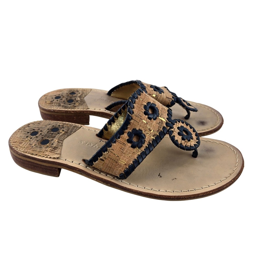 Jack Rogers Jacks Flat Sandals Navy Blue Cork Gold Metallic Preppy Women 7M